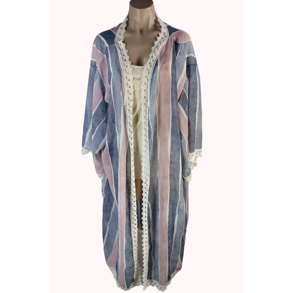 LuLaRoe Chloe Striped Lace Trim Open Kimono Womens Size XL Boho Pink Blue Cover